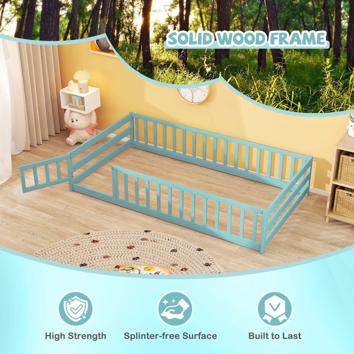 Kids Twin Size Wood Montessori Floor Bed with Door and Fence - Dark Green Variation