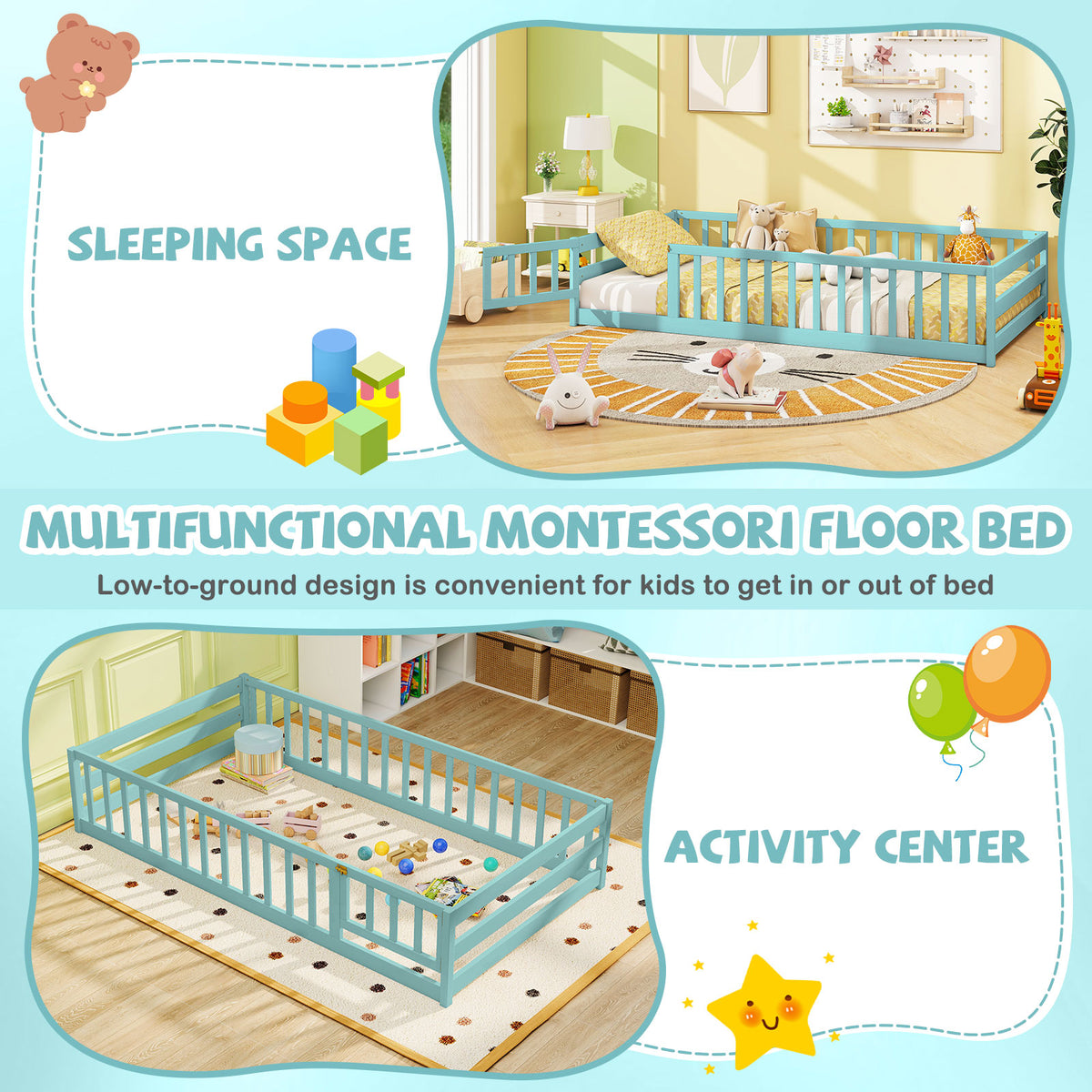 Kids Twin Size Wood Montessori Floor Bed with Door and Fence - Dark Green Variation