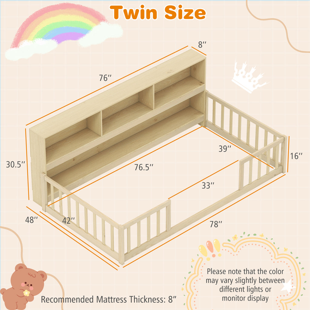 Twin Size Montessori Floor Bed with Bookcase – Natural