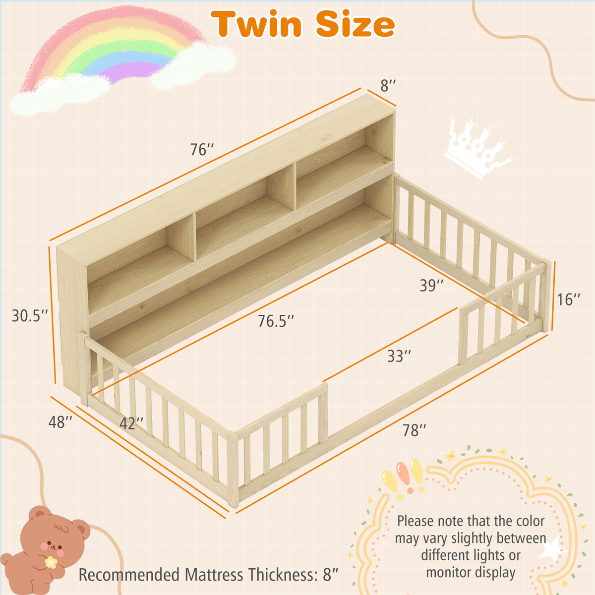 Twin Size Montessori Floor Bed with Bookcase – Natural