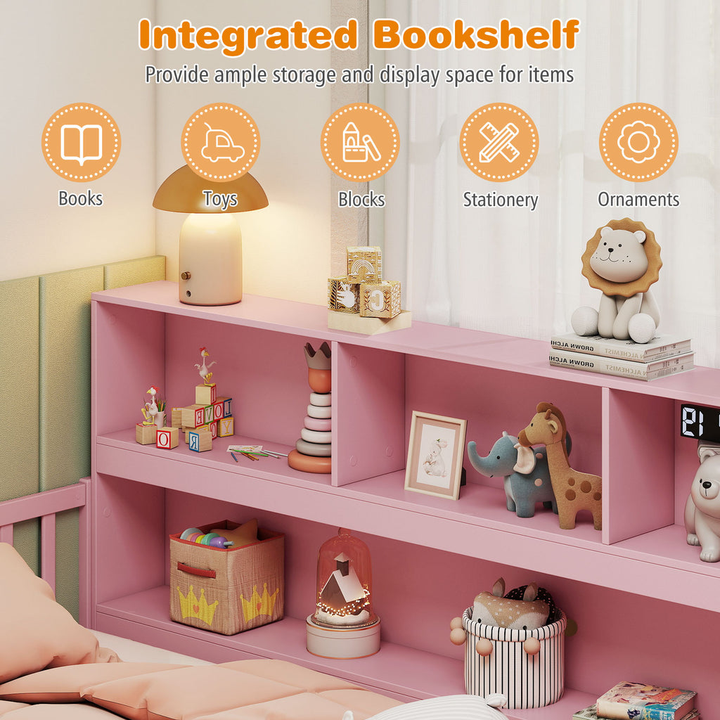 Twin Size Montessori Floor Bed with Bookcase - Pink