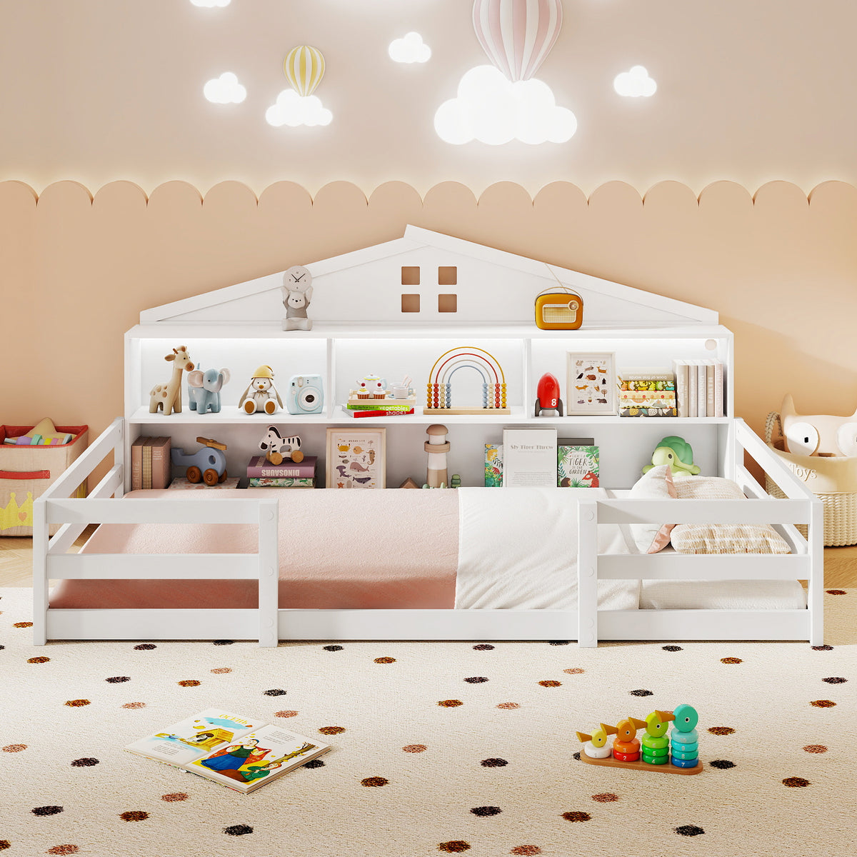 Twin Size Montessori Floor Bed with Storage – White