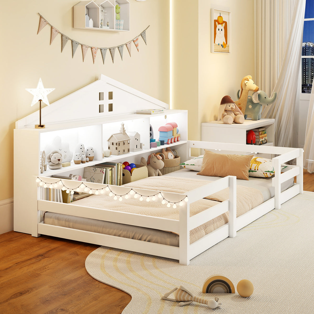 Twin Size Montessori Floor Bed with Storage – White