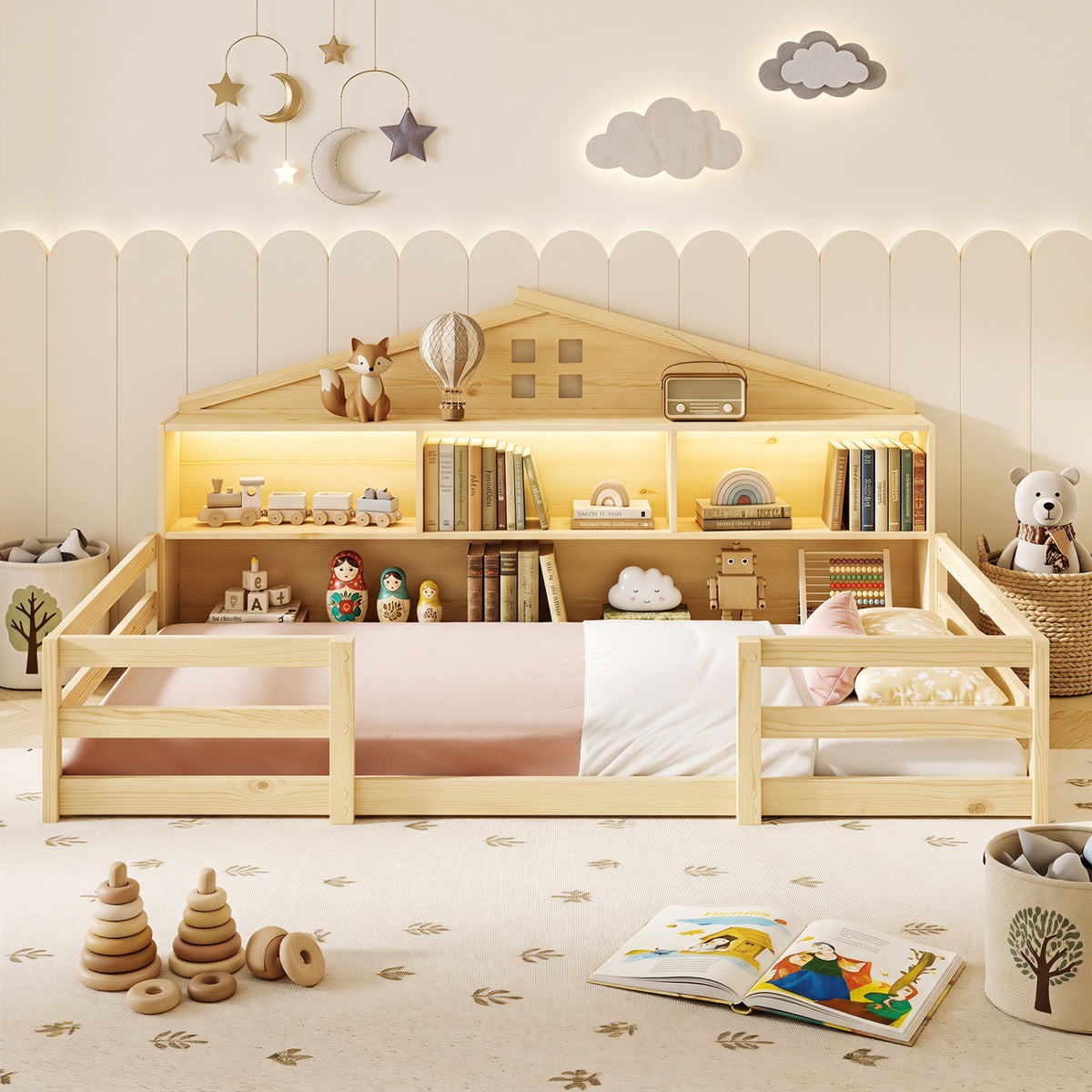 Twin Size Montessori Floor Bed with Storage - Natural