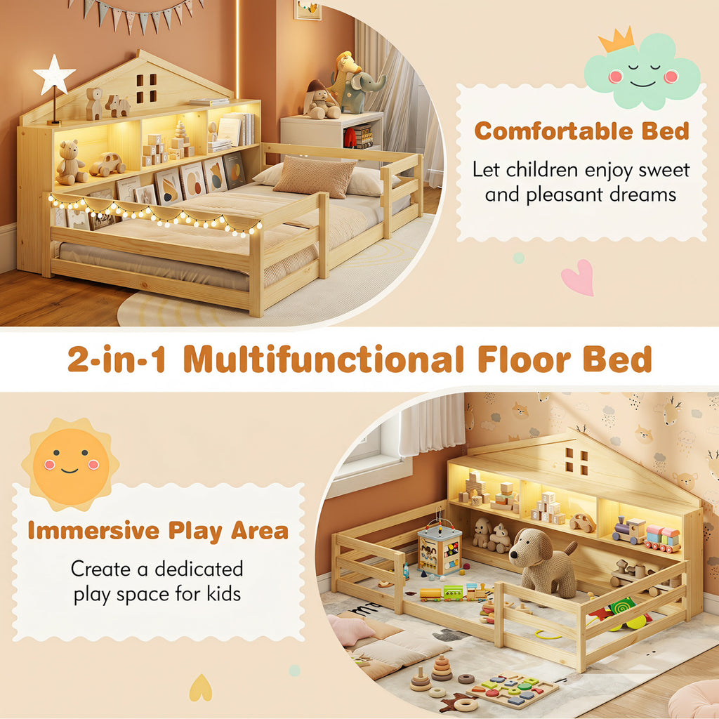 Twin Size Montessori Floor Bed with Storage - Natural