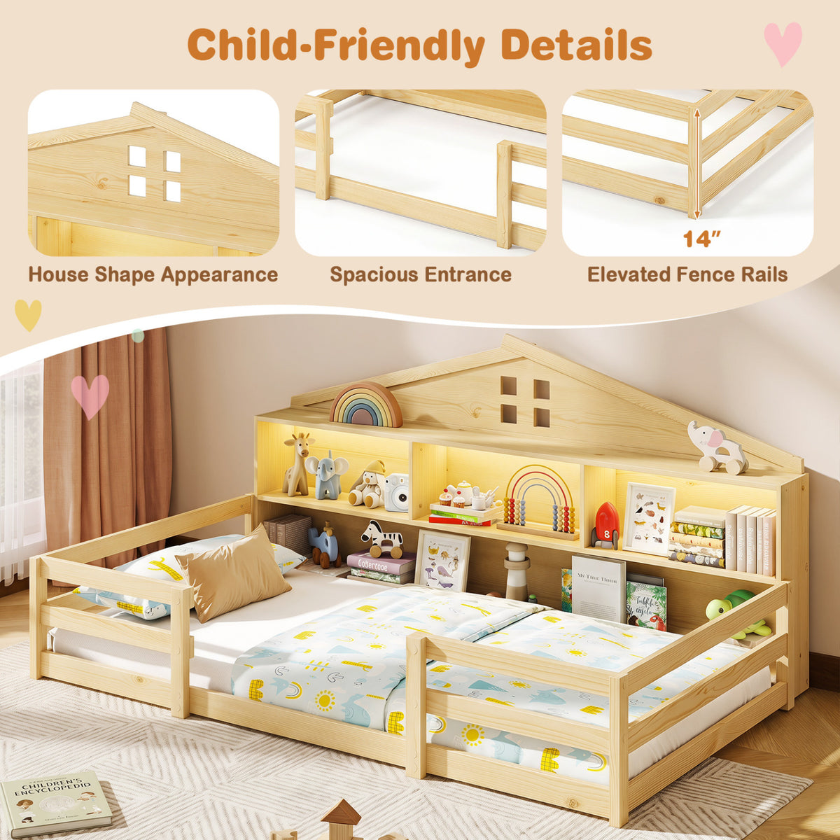 Twin Size Montessori Floor Bed with Storage - Natural