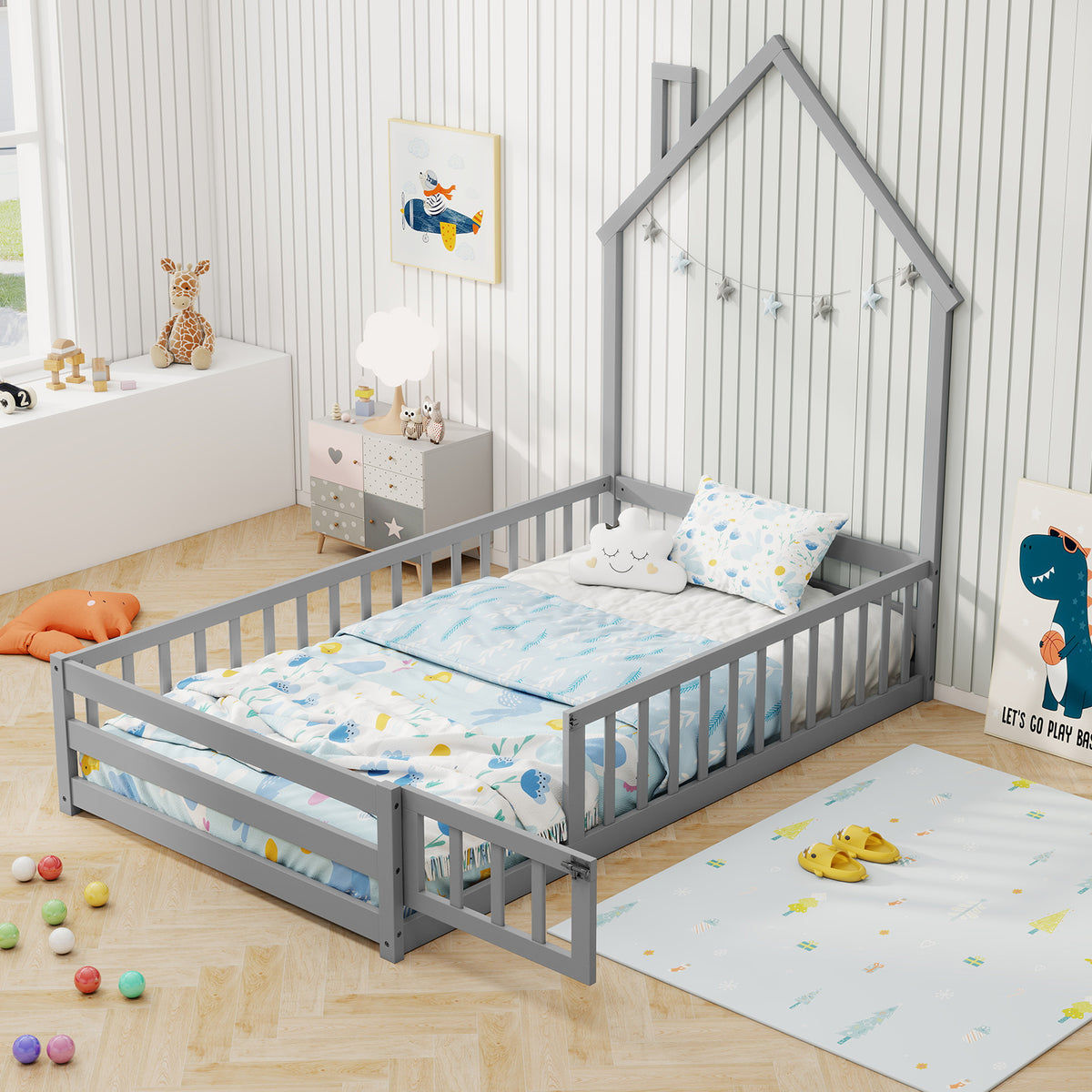 Twin Size Montessori Floor Bed with Lockable Door & Guardrail - Gray Variation