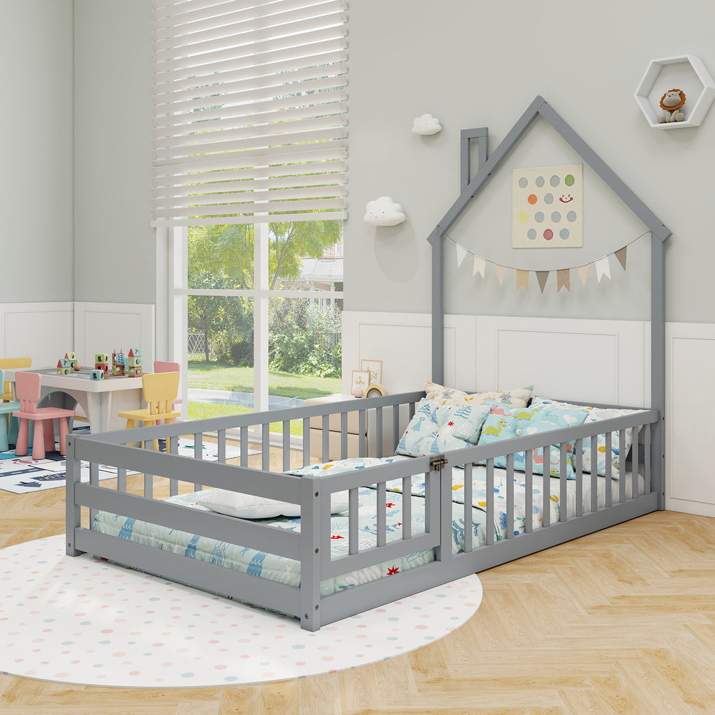 Twin Size Montessori Floor Bed with Lockable Door & Guardrail - Gray Variation