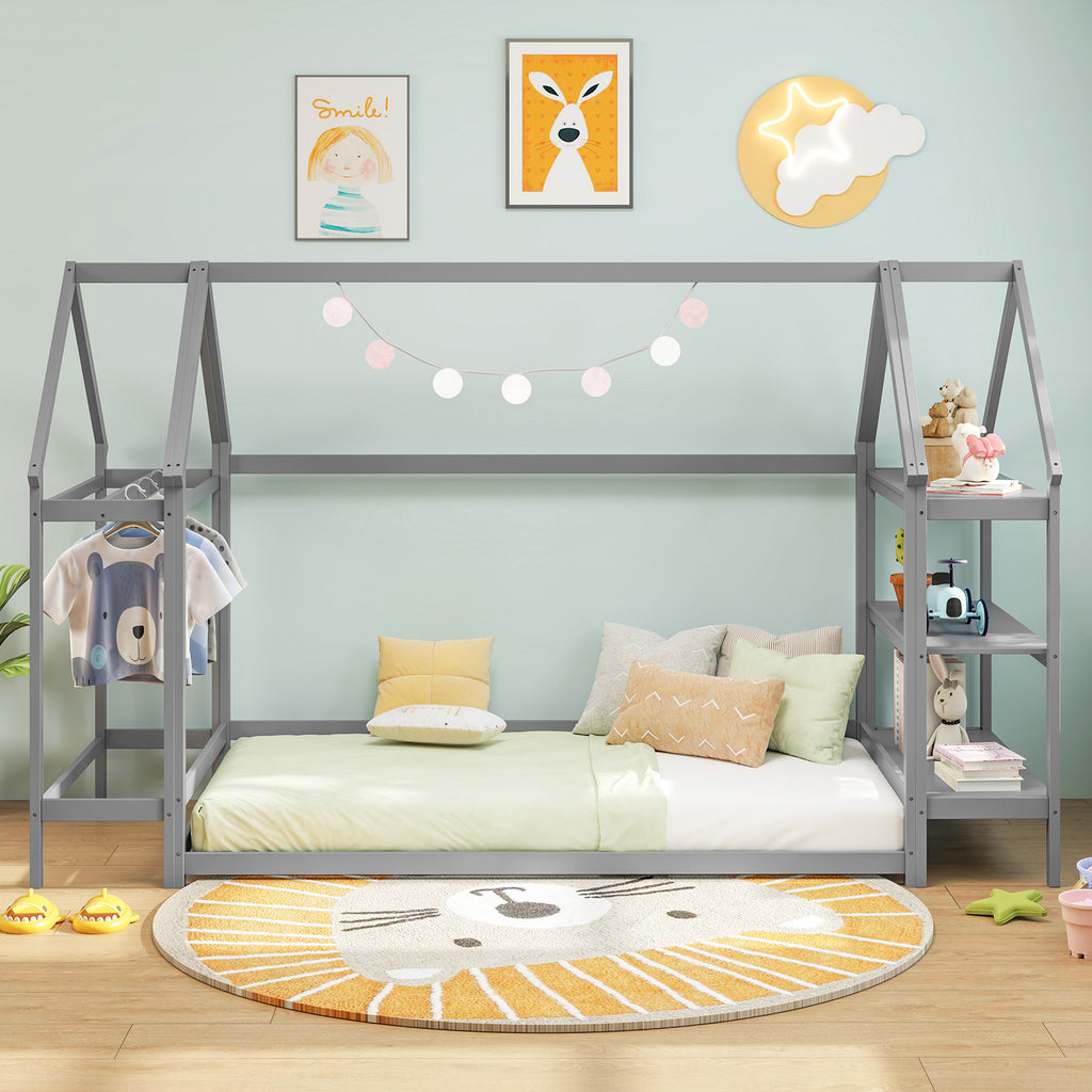 Twin Size Montessori Floor House Bed with Detachable Storage Shelves - Gray