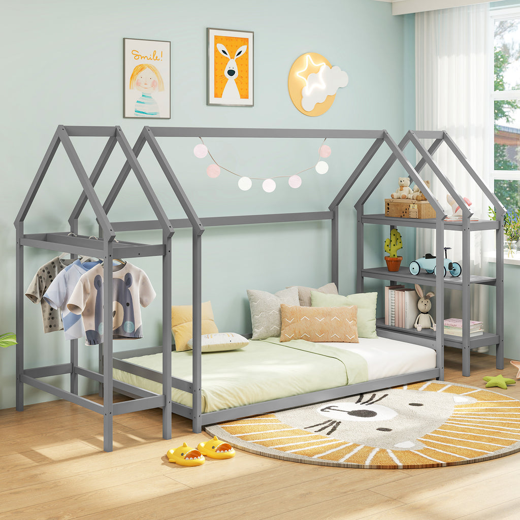 Twin Size Montessori Floor House Bed with Detachable Storage Shelves - Gray