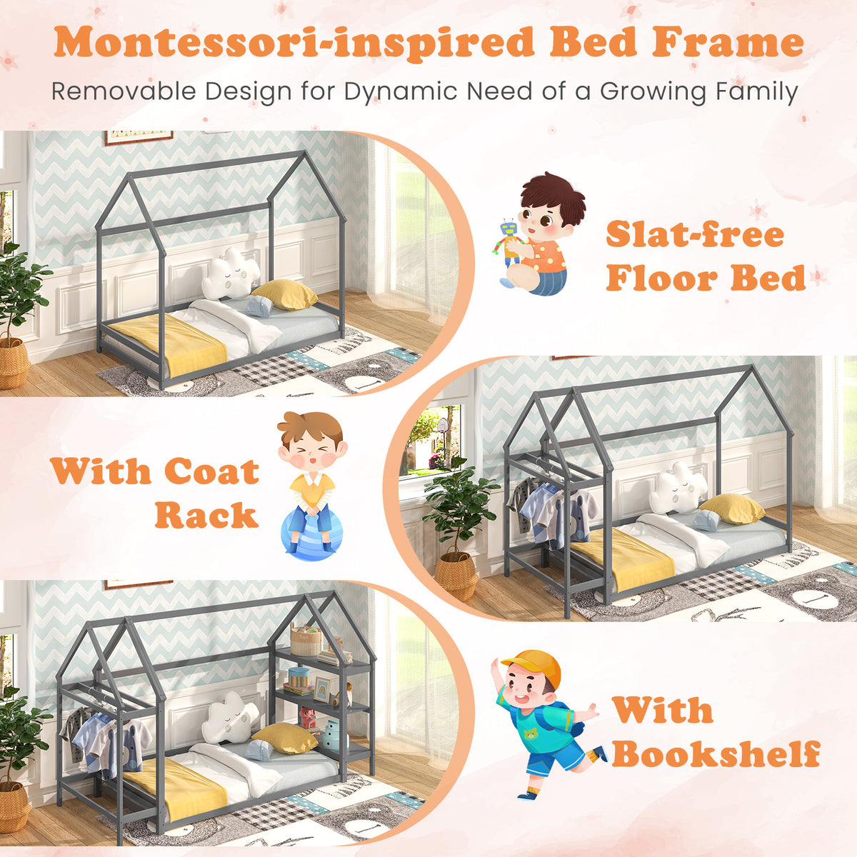 Twin Size Montessori Floor House Bed with Detachable Storage Shelves - Gray