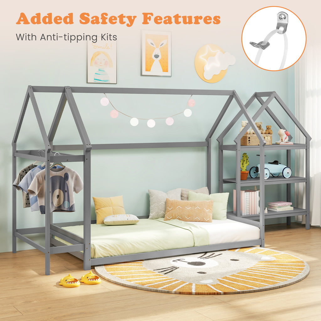 Twin Size Montessori Floor House Bed with Detachable Storage Shelves - Gray