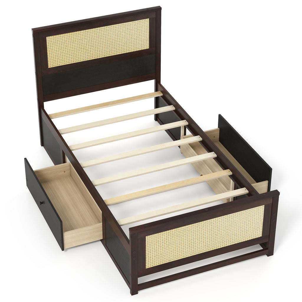 Twin Size Rattan Bed Frame with Storage Drawers - Coffee