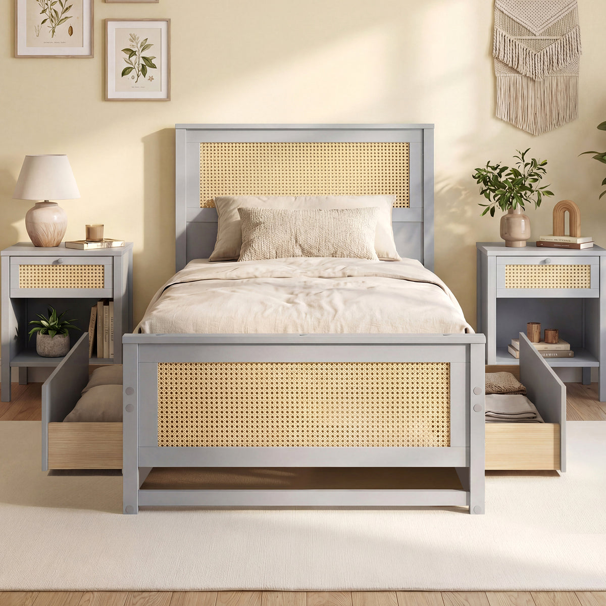 Twin Size Rattan Bed Frame with Storage Drawers - Gray