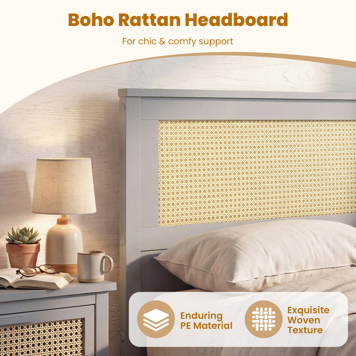 Twin Size Rattan Bed Frame with Storage Drawers - Gray