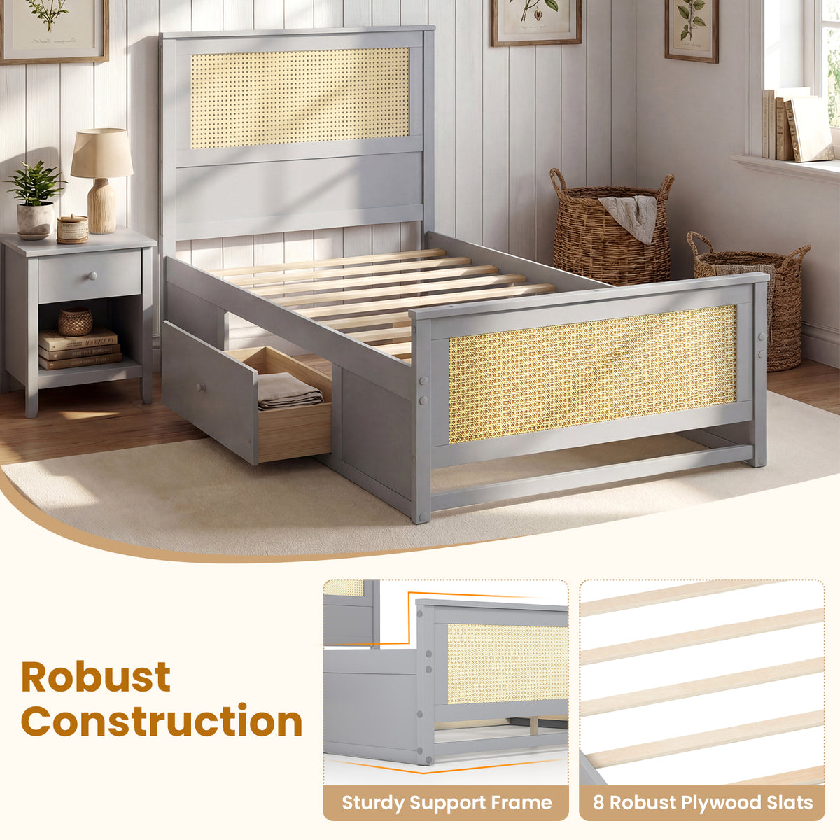 Twin Size Rattan Bed Frame with Storage Drawers - Gray
