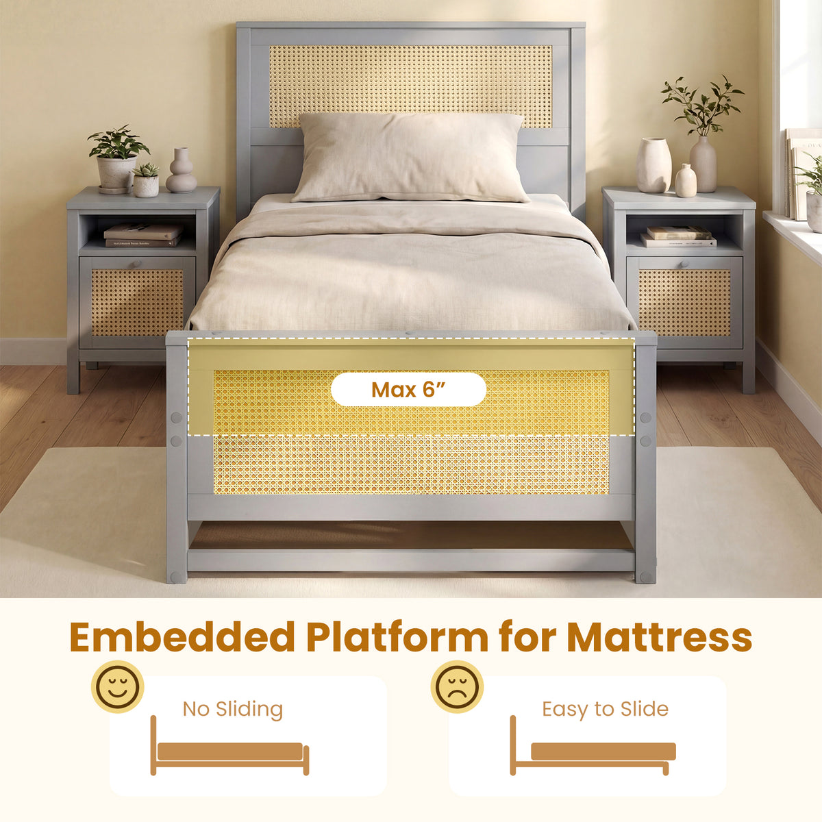 Twin Size Rattan Bed Frame with Storage Drawers - Gray