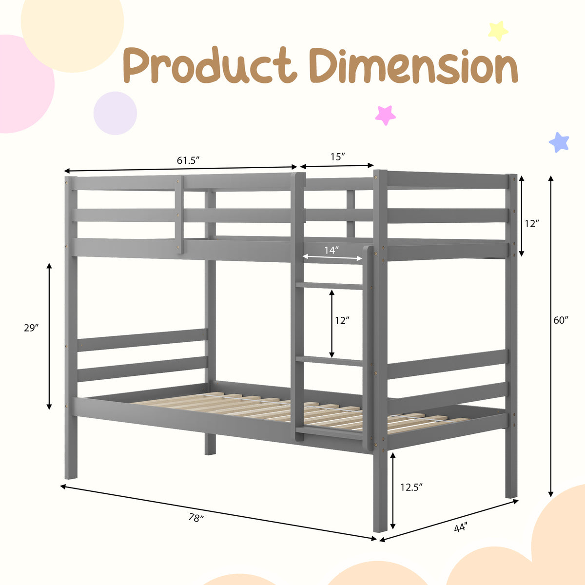 Twin Size Wooden Bunk Bed with Ladder & Safety Rail - Style B, Gray