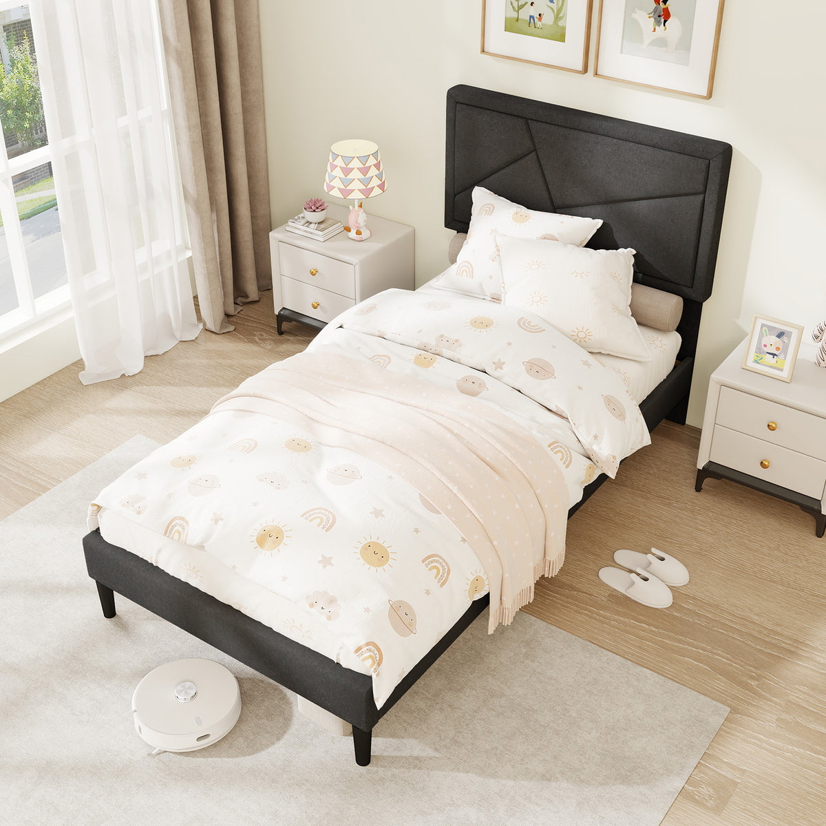 Twin Size Upholstered Platform Bed Frame with High Headboard