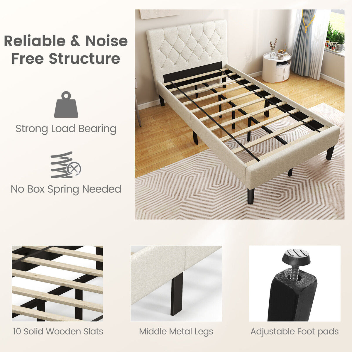Twin Size Upholstered Platform Bed with Button Tufted Headboard - Beige