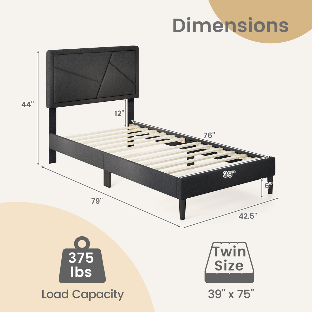 Twin Size Upholstered Platform Bed Frame with High Headboard