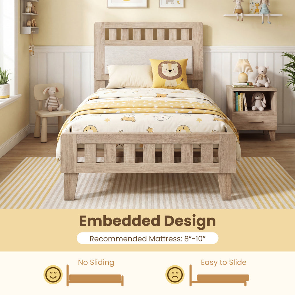Wood Bed Frame with Upholstered Headboard, Twin Size