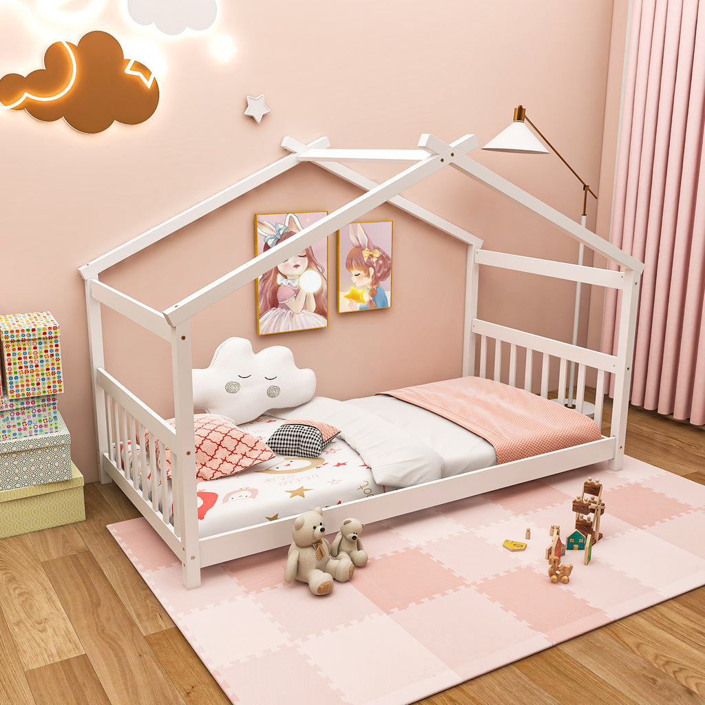 Twin Size Wooden House Bed with Roof, Natural