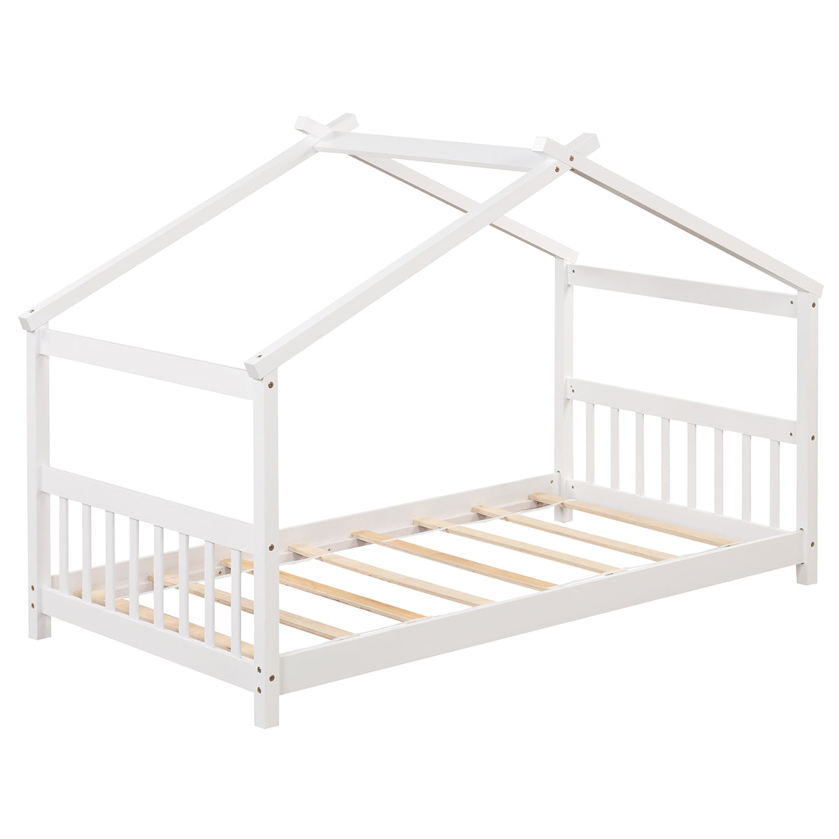 Twin Size House Bed with Trundle and Guardrail - White