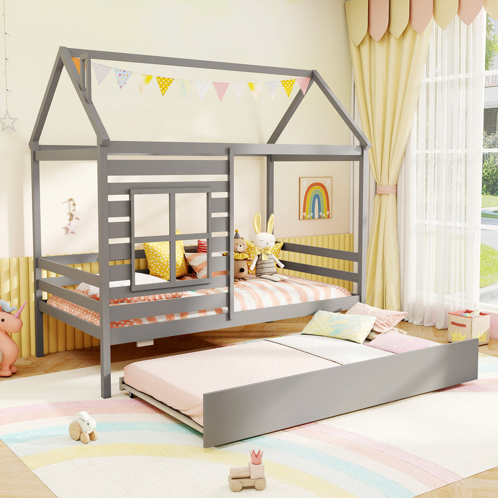 Twin Size House Bed with Trundle - Gray
