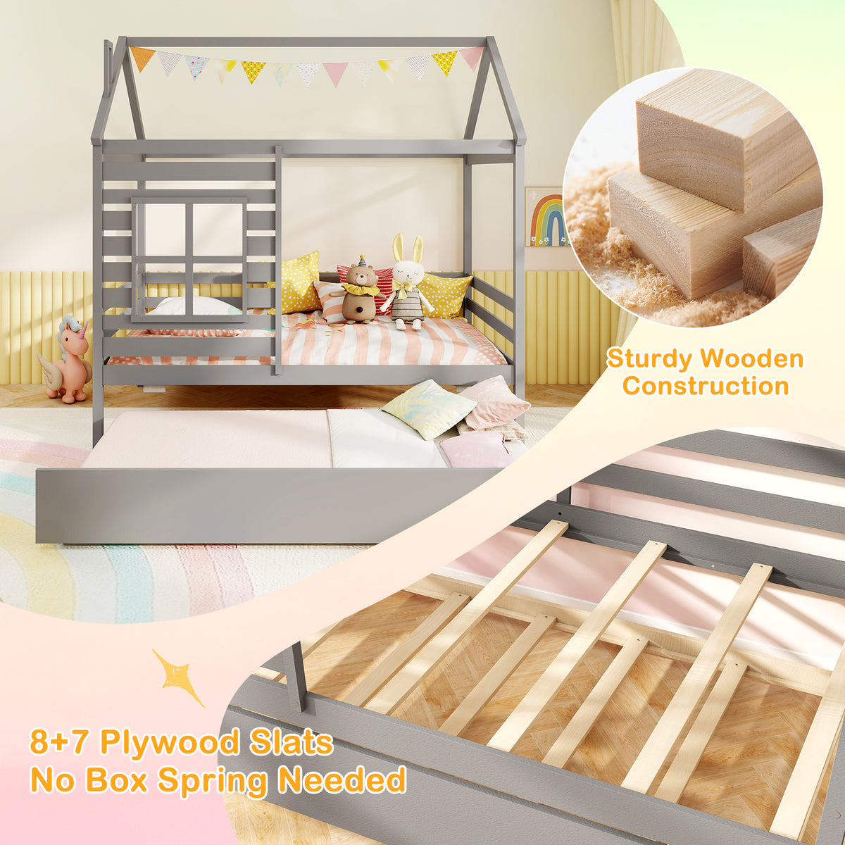 Twin Size House Bed with Trundle - Gray
