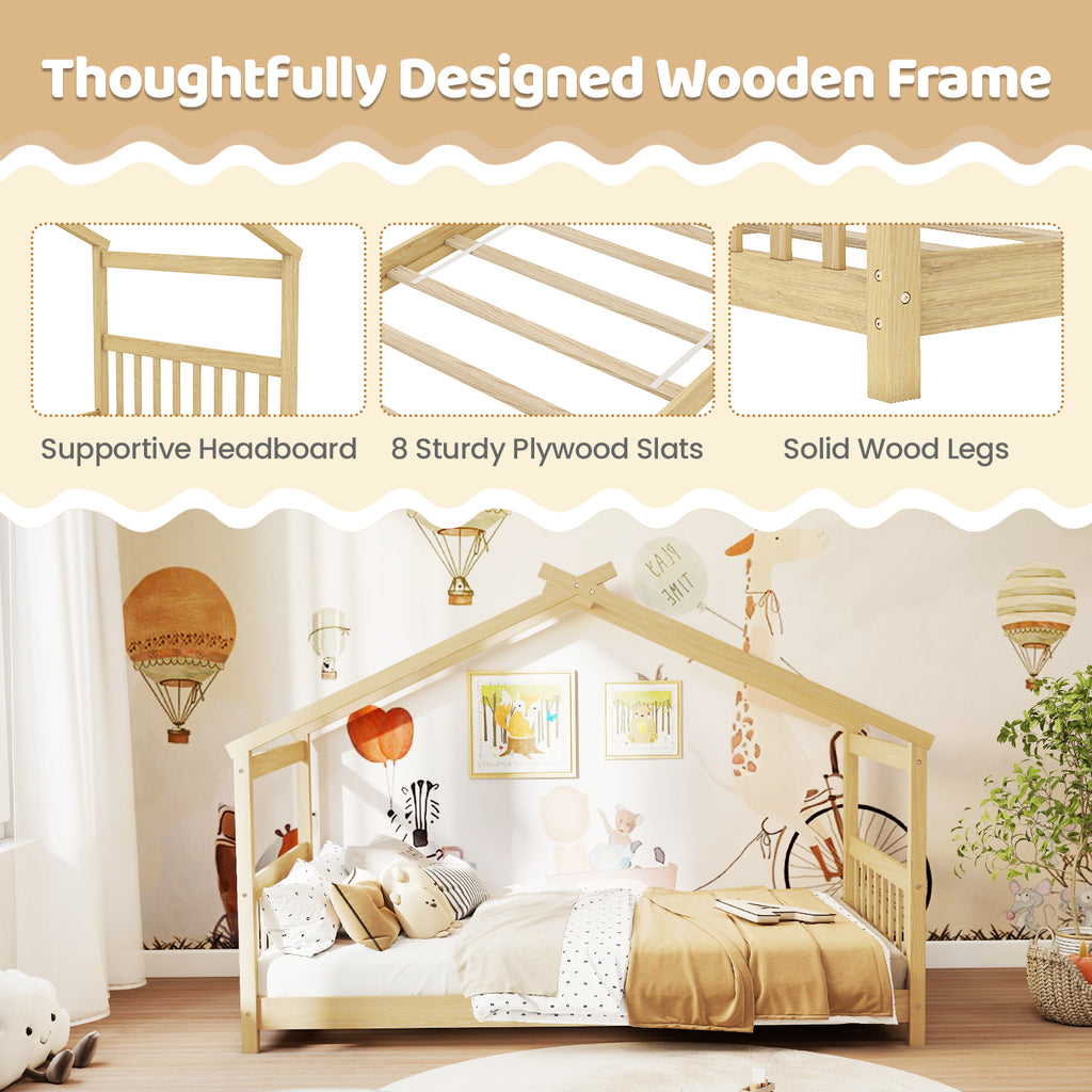Twin Size Wooden House Bed with Roof, Natural