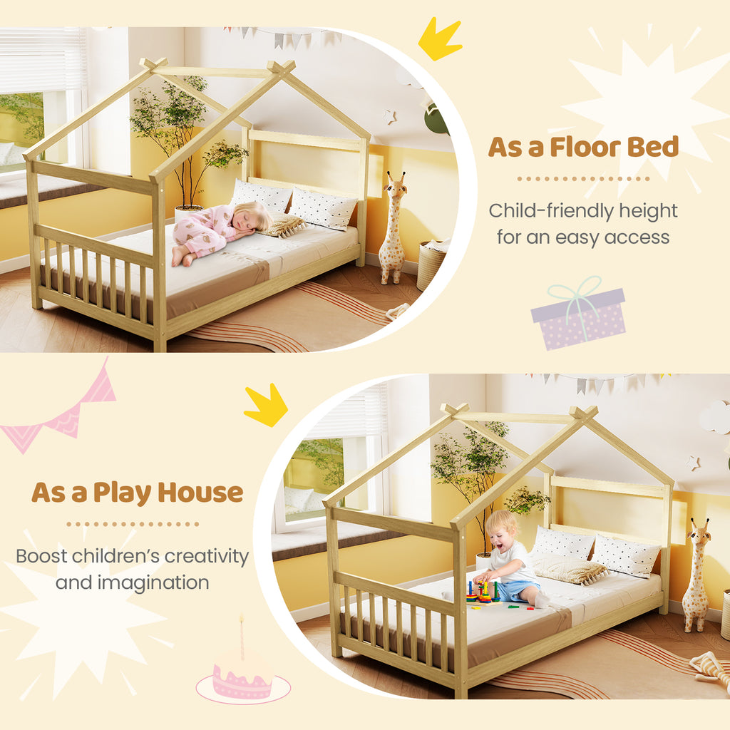 Twin Size Wooden House Bed with Roof, Natural