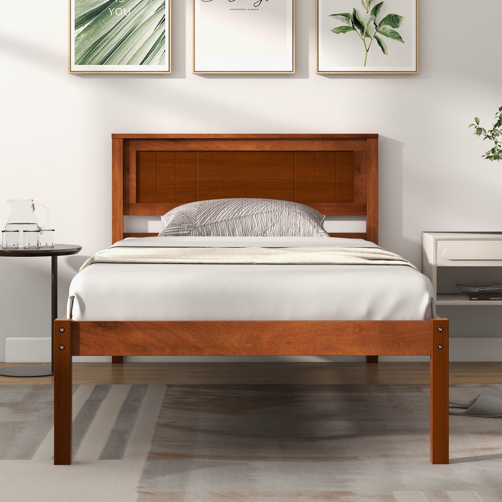 Twin Size Wood Bed Frame with Headboard and Slats – Brown
