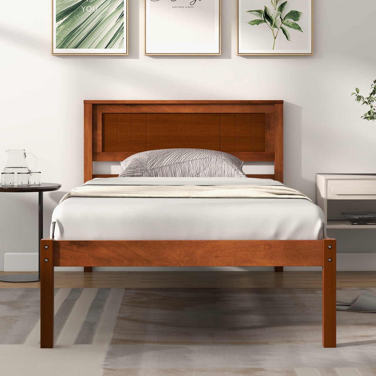 Twin Size Wood Bed Frame with Headboard and Slats – Brown