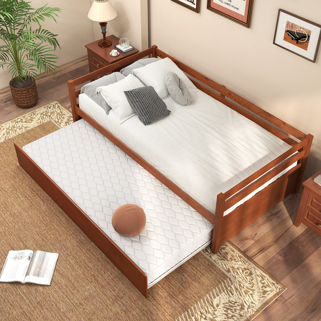 Twin Size Trundle Daybed Platform Frame with Slat Support - Walnut