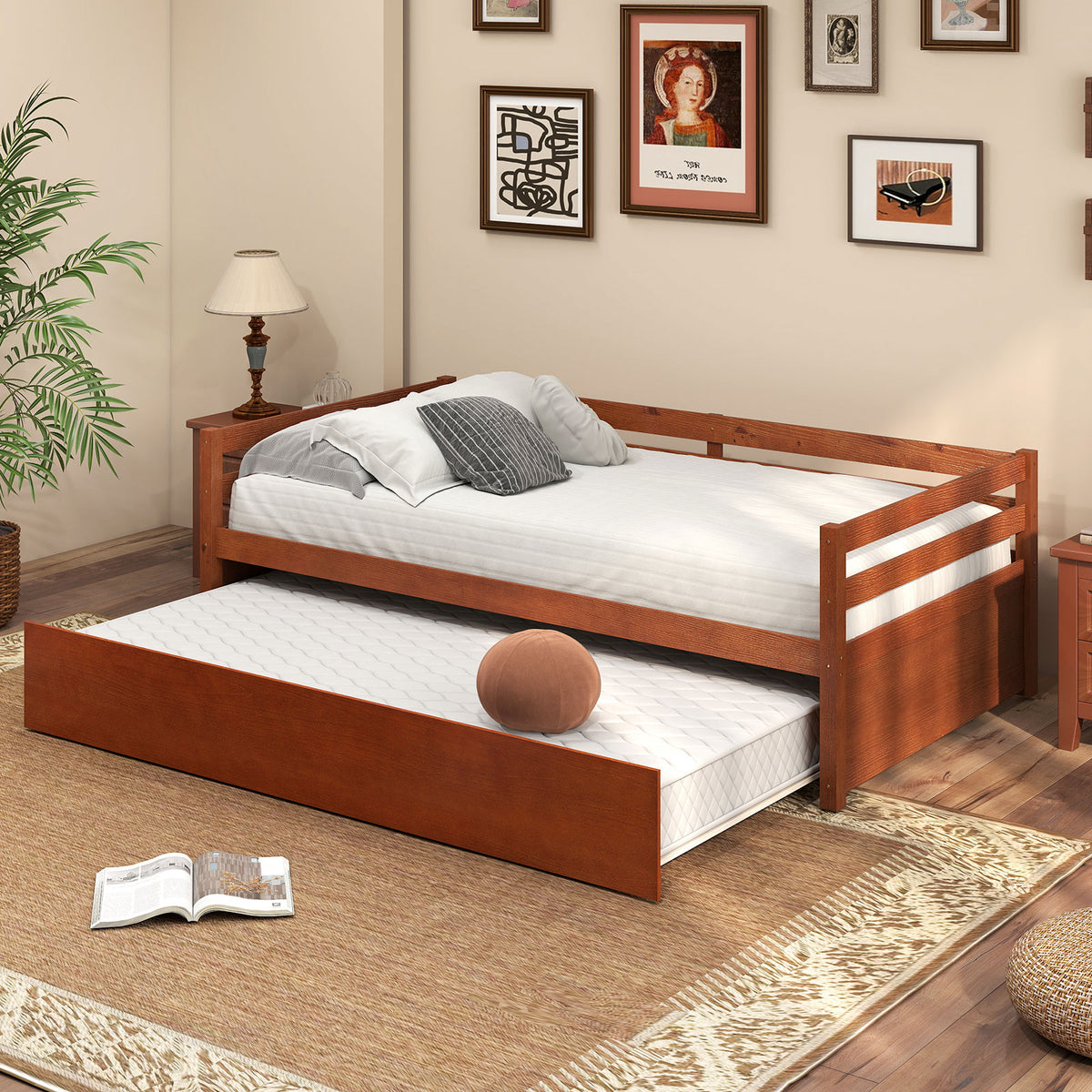 Twin Size Trundle Daybed Platform Frame with Slat Support - Walnut