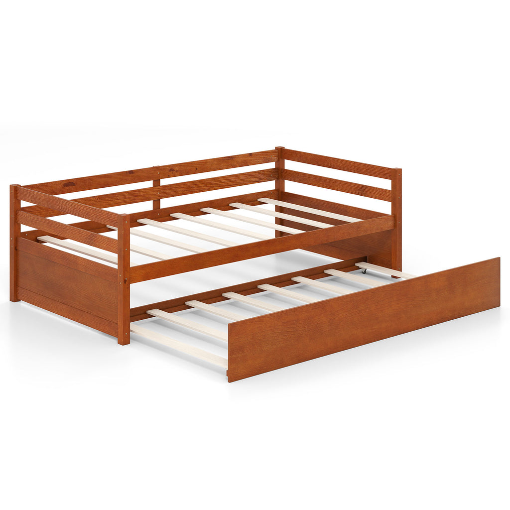 Twin Size Trundle Daybed Platform Frame with Slat Support - Walnut