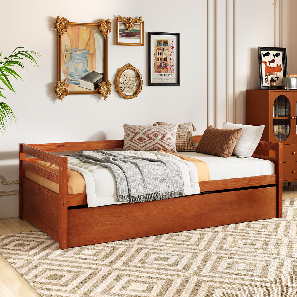 Twin Size Trundle Daybed Platform Frame with Slat Support - Walnut