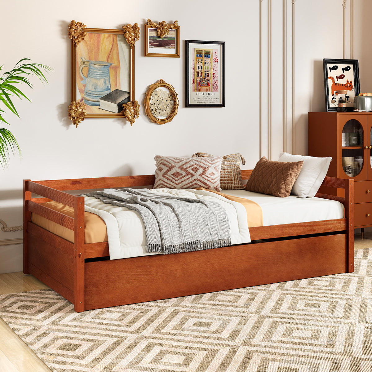 Twin Size Trundle Daybed Platform Frame with Slat Support - Walnut