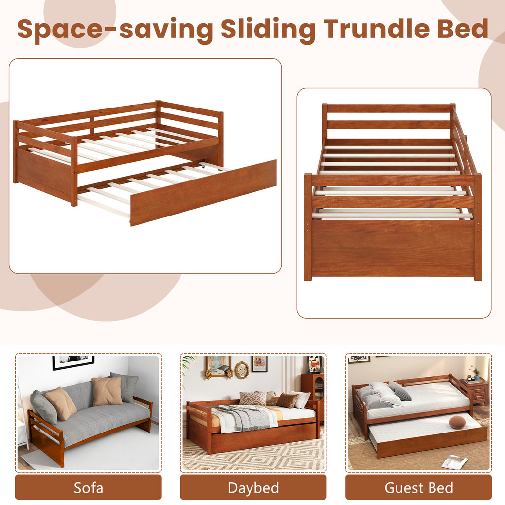 Twin Size Trundle Daybed Platform Frame with Slat Support - Walnut