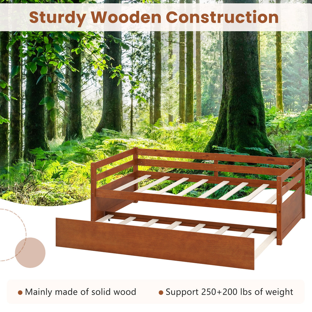 Twin Size Trundle Daybed Platform Frame with Slat Support - Walnut