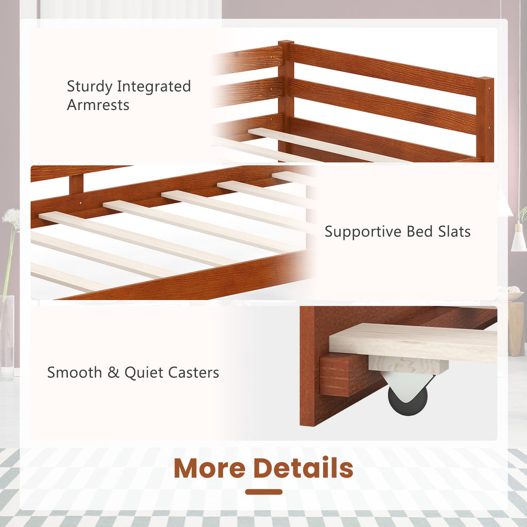 Twin Size Trundle Daybed Platform Frame with Slat Support - Walnut