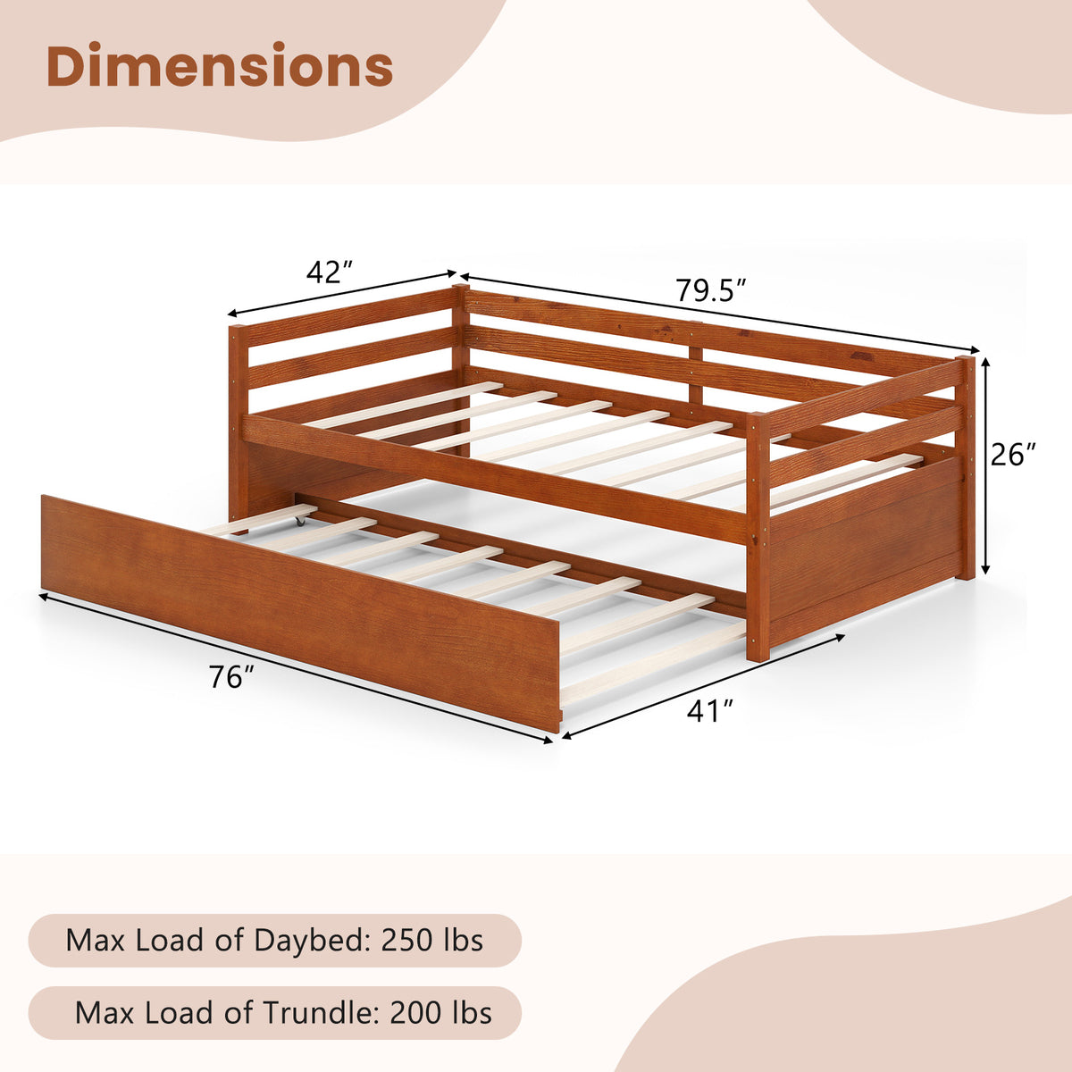 Twin Size Trundle Daybed Platform Frame with Slat Support - Walnut