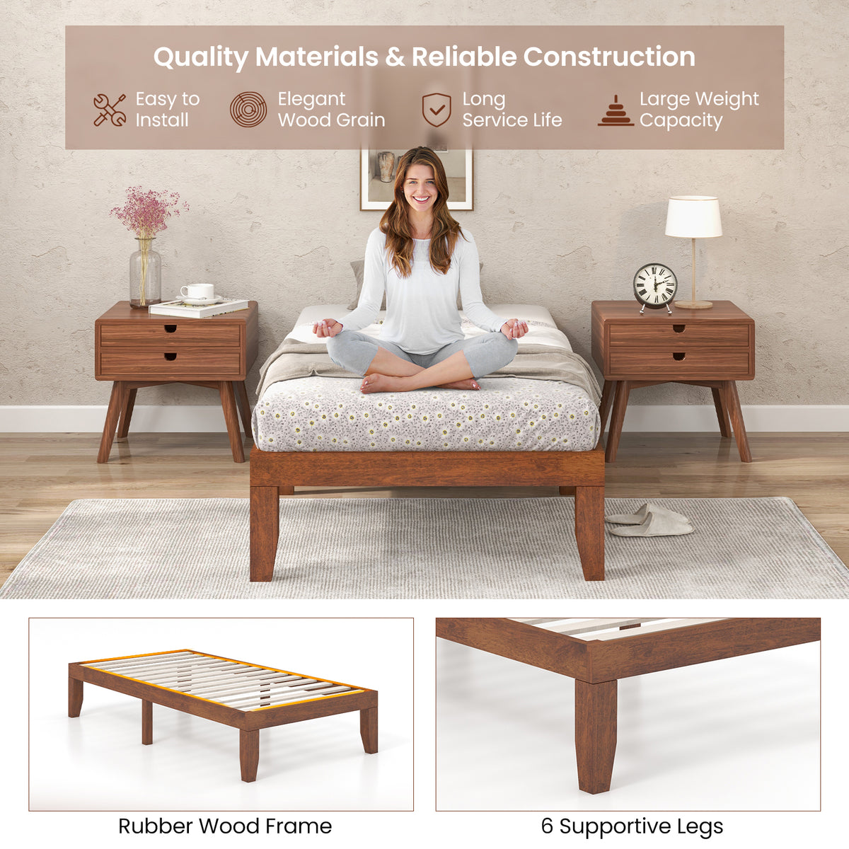 Twin Size Platform Bed Frame with Wood Slats - Walnut