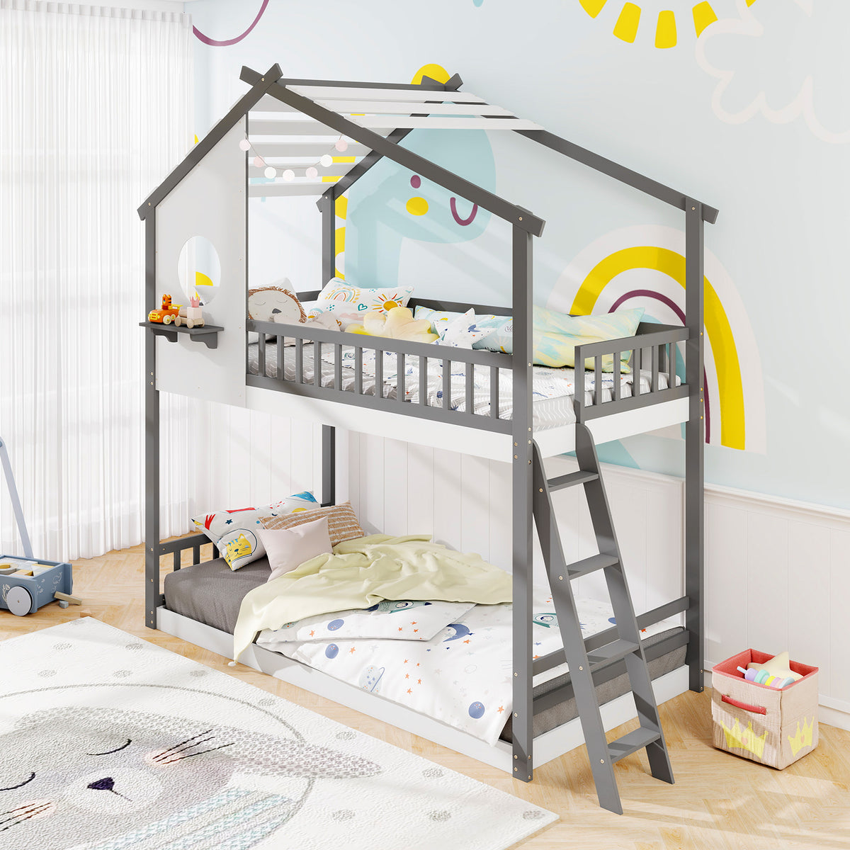 Twin over Twin House Bunk Bed with Guardrails - Gray & White