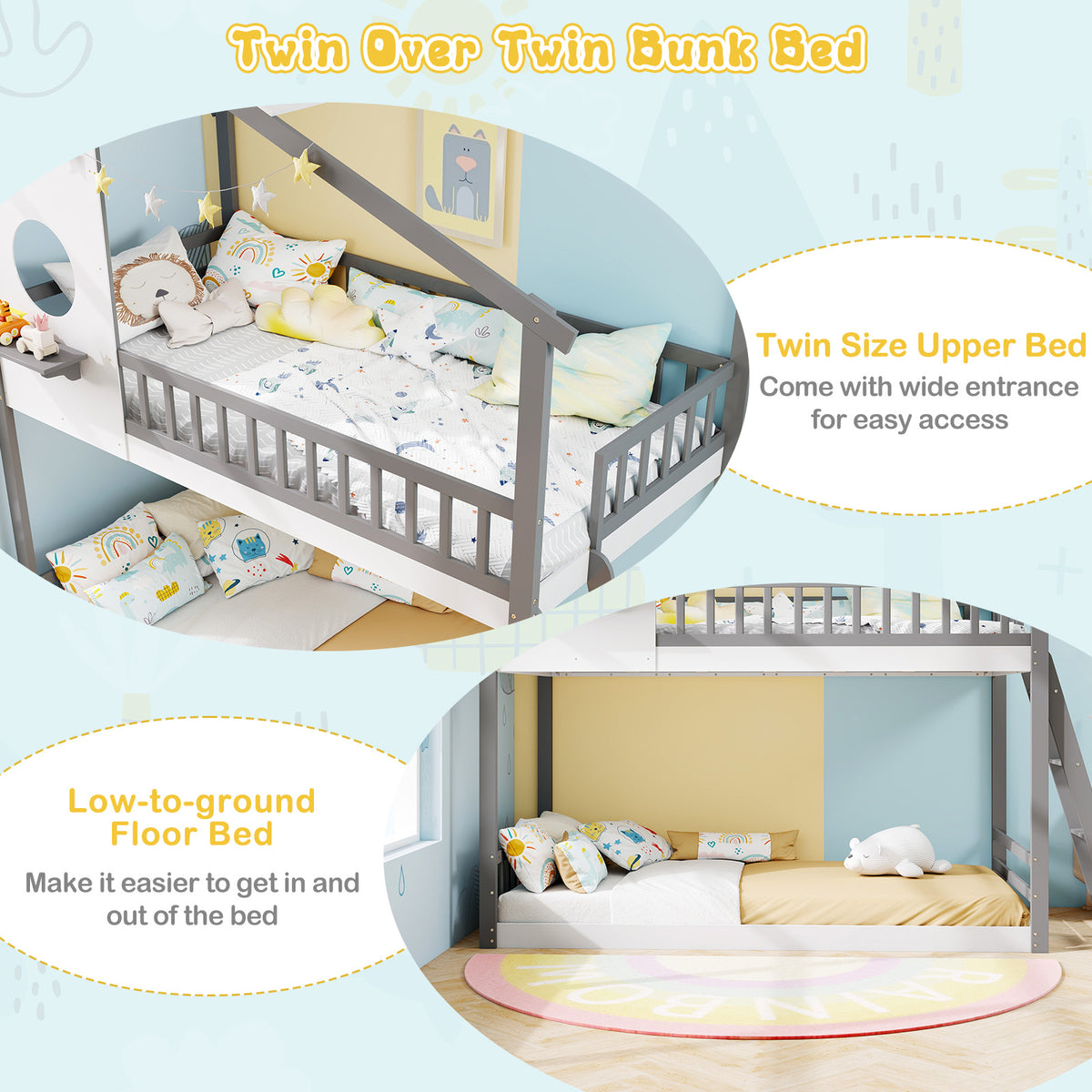 Twin over Twin House Bunk Bed with Guardrails - Gray & White