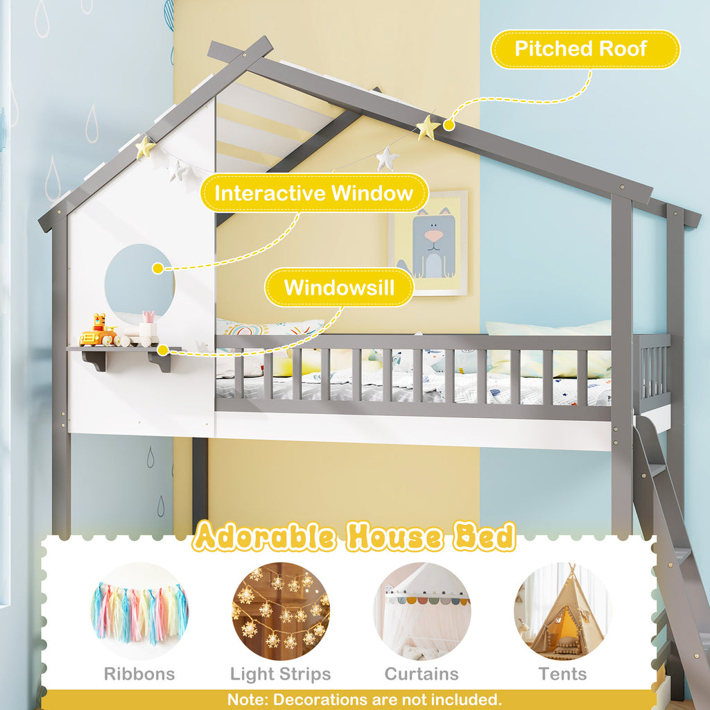 Twin over Twin House Bunk Bed with Guardrails - Gray & White