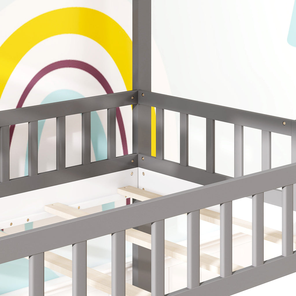 Twin over Twin House Bunk Bed with Guardrails - Gray & White