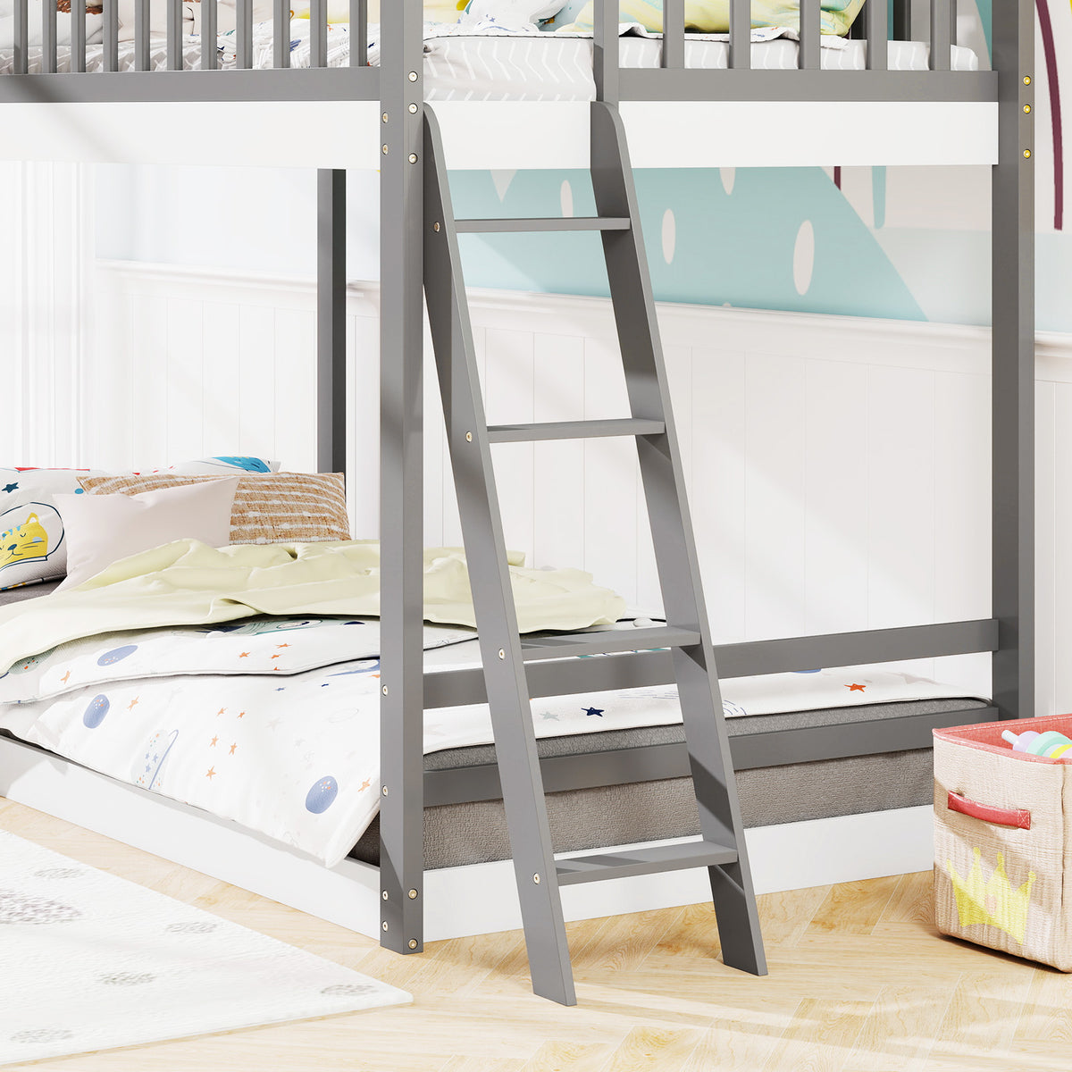 Twin over Twin House Bunk Bed with Guardrails - Gray & White