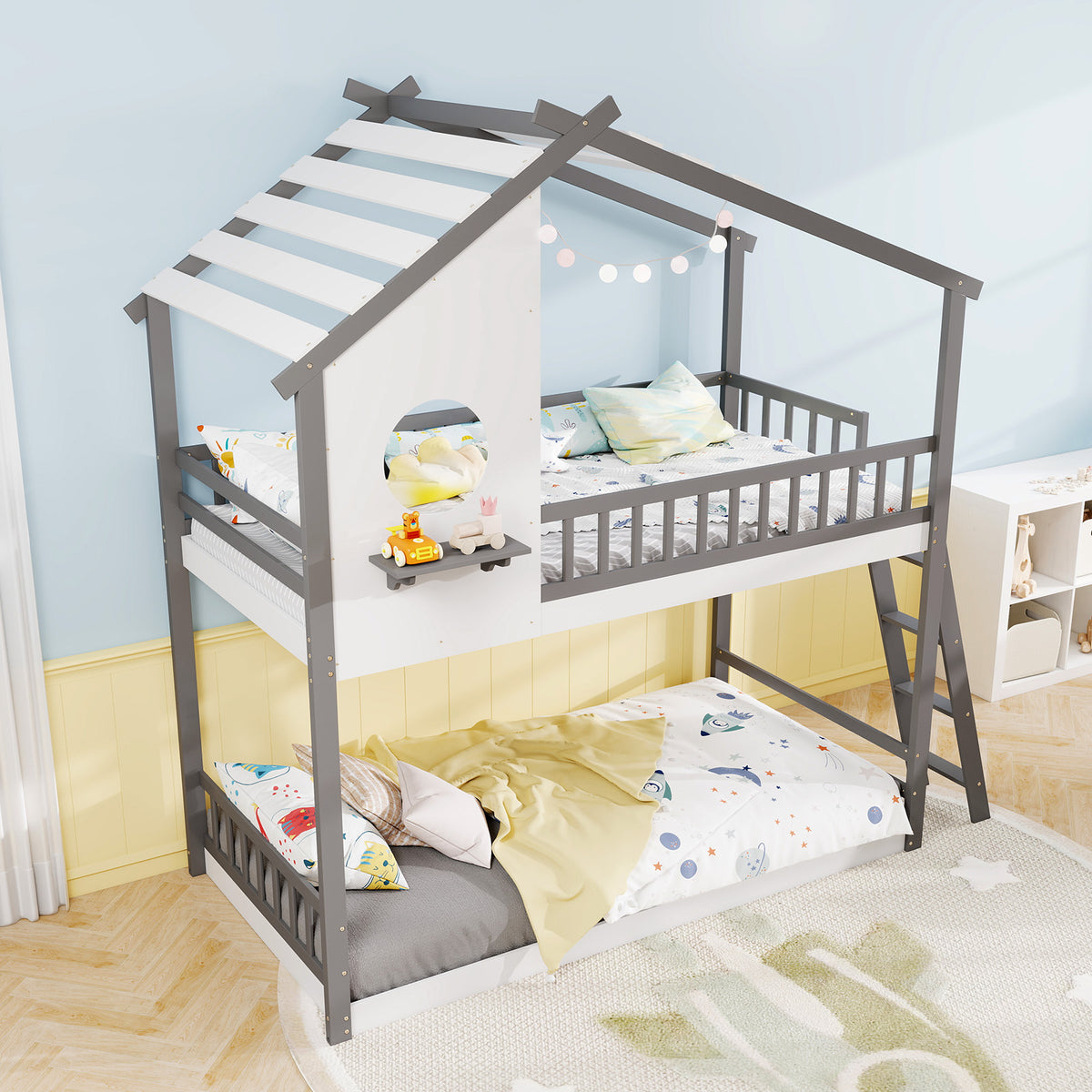 Twin over Twin House Bunk Bed with Guardrails - Gray & White
